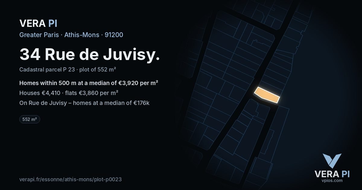 34 Rue de Juvisy, Athis-Mons at night – the plot lit, the parcels around coloured by the prices near them