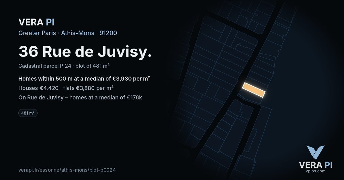 36 Rue de Juvisy, Athis-Mons at night – the plot lit, the parcels around coloured by the prices near them