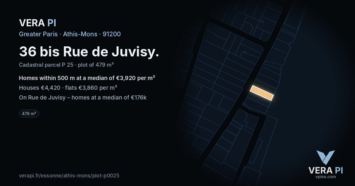 36 bis Rue de Juvisy, Athis-Mons at night – the plot lit, the parcels around coloured by the prices near them