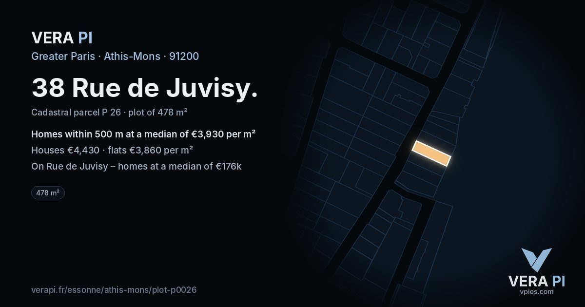 38 Rue de Juvisy, Athis-Mons at night – the plot lit, the parcels around coloured by the prices near them
