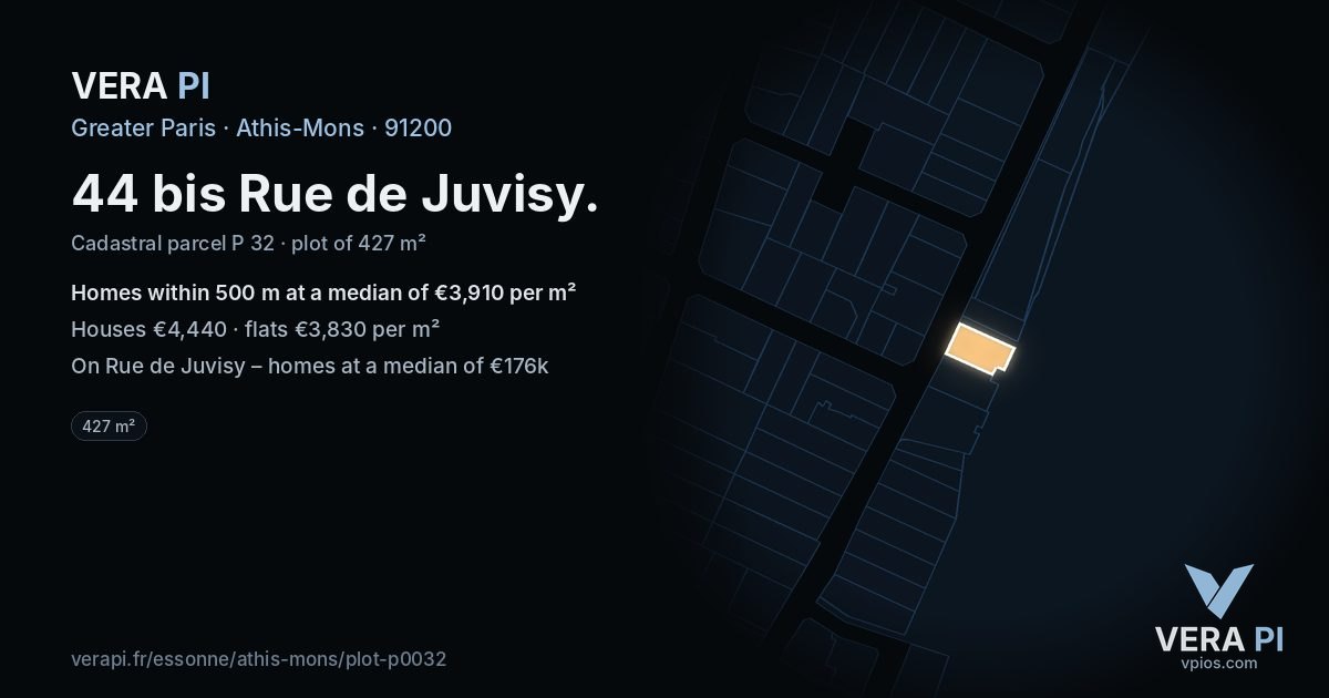 44 bis Rue de Juvisy, Athis-Mons at night – the plot lit, the parcels around coloured by the prices near them