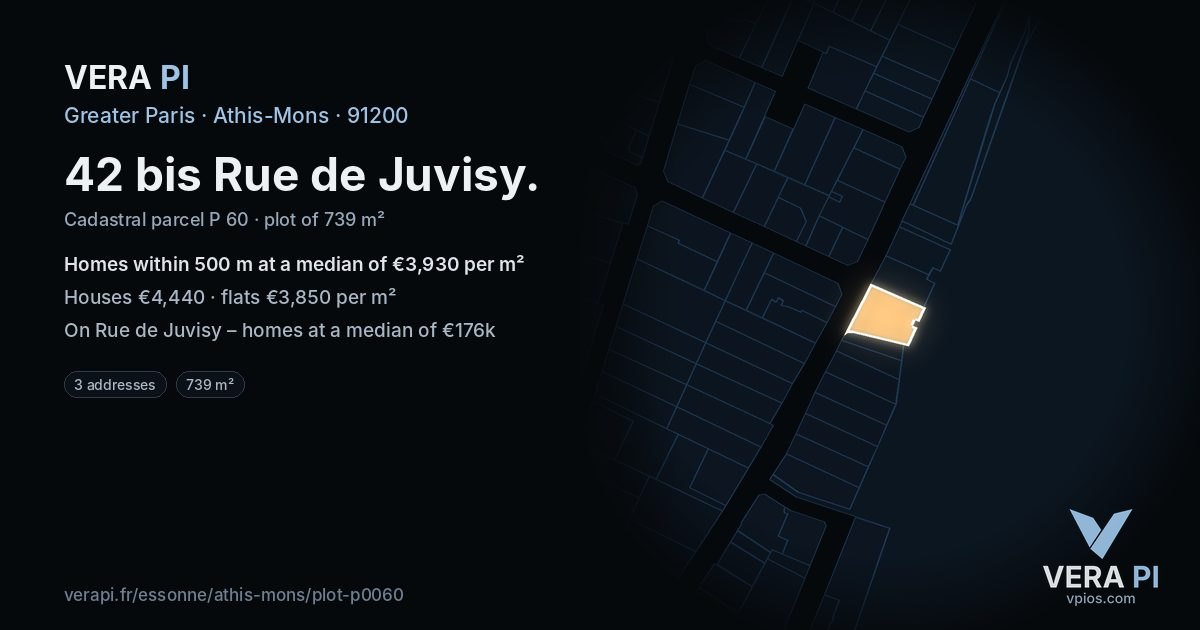42 bis Rue de Juvisy, Athis-Mons at night – the plot lit, the parcels around coloured by the prices near them