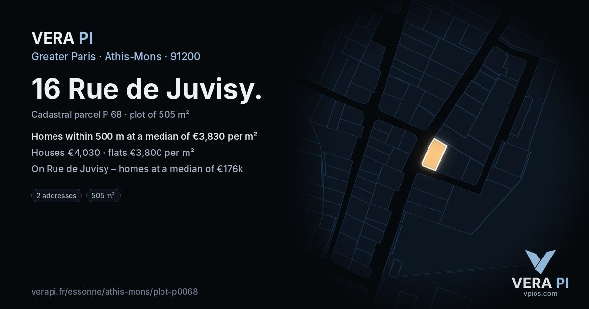 16 Rue de Juvisy, Athis-Mons at night – the plot lit, the parcels around coloured by the prices near them