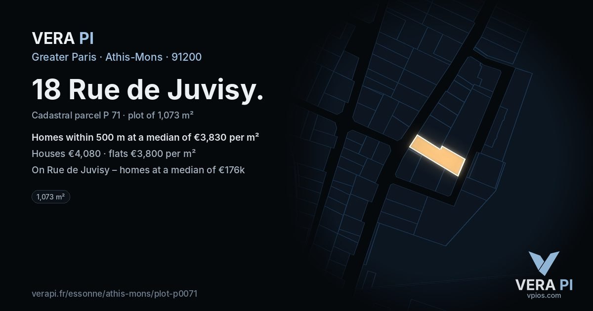 18 Rue de Juvisy, Athis-Mons at night – the plot lit, the parcels around coloured by the prices near them