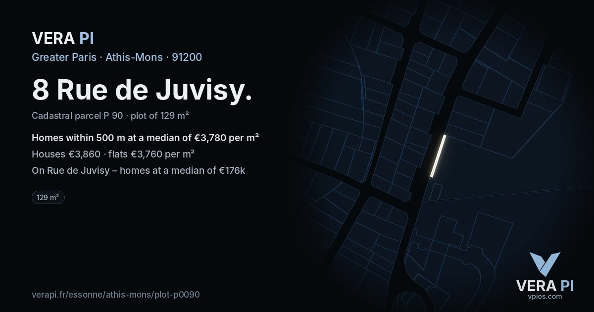8 Rue de Juvisy, Athis-Mons at night – the plot lit, the parcels around coloured by the prices near them
