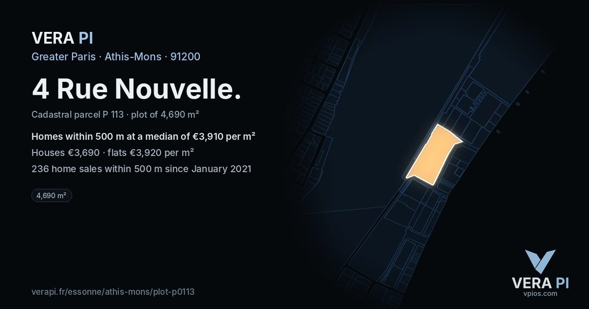 4 Rue Nouvelle, Athis-Mons at night – the plot lit, the parcels around coloured by the prices near them