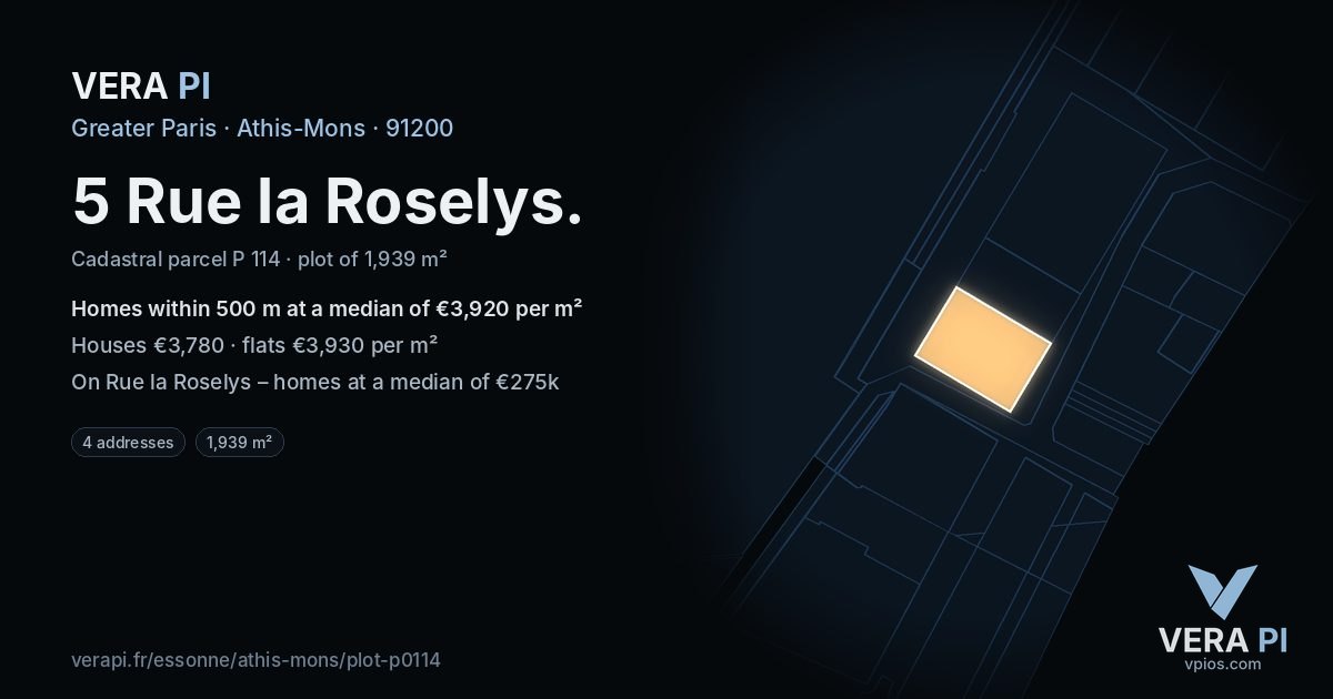 5 Rue la Roselys, Athis-Mons at night – the plot lit, the parcels around coloured by the prices near them