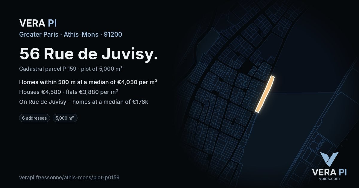 56 Rue de Juvisy, Athis-Mons at night – the plot lit, the parcels around coloured by the prices near them