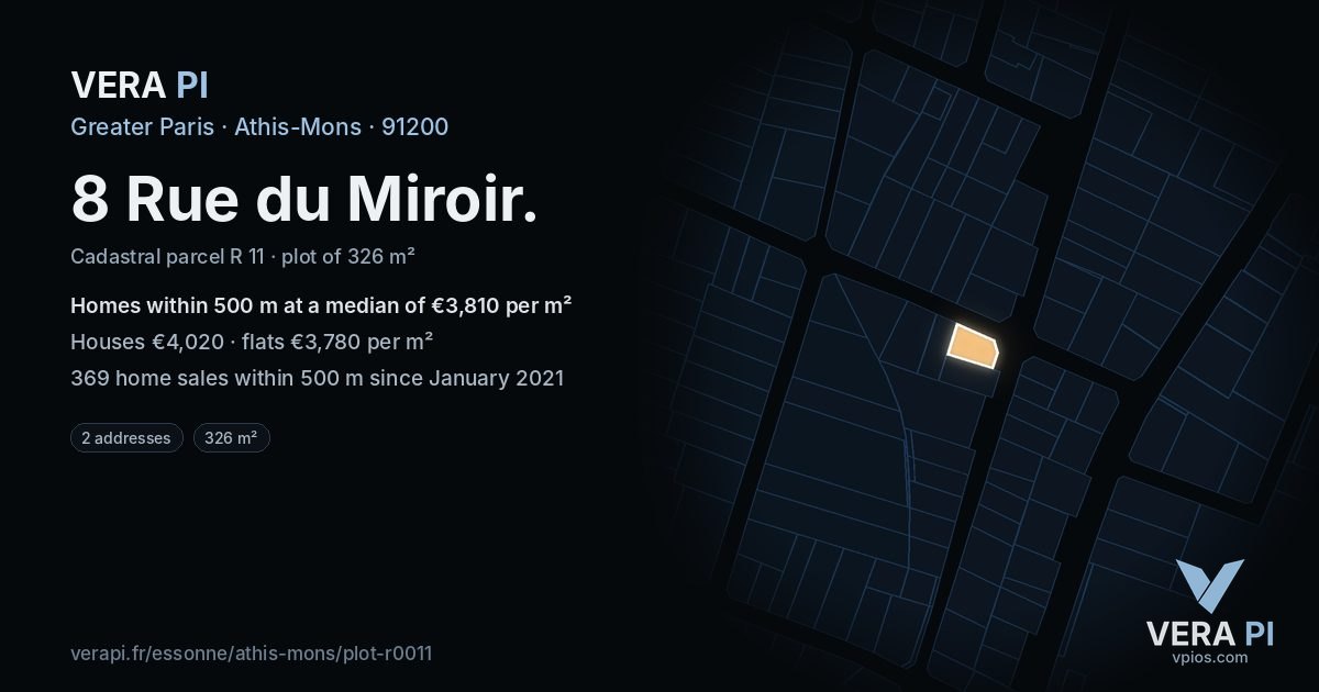 8 Rue du Miroir, Athis-Mons at night – the plot lit, the parcels around coloured by the prices near them