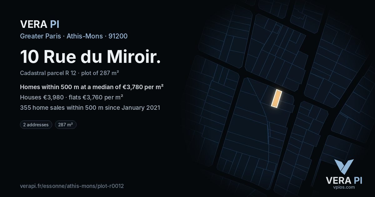 10 Rue du Miroir, Athis-Mons at night – the plot lit, the parcels around coloured by the prices near them