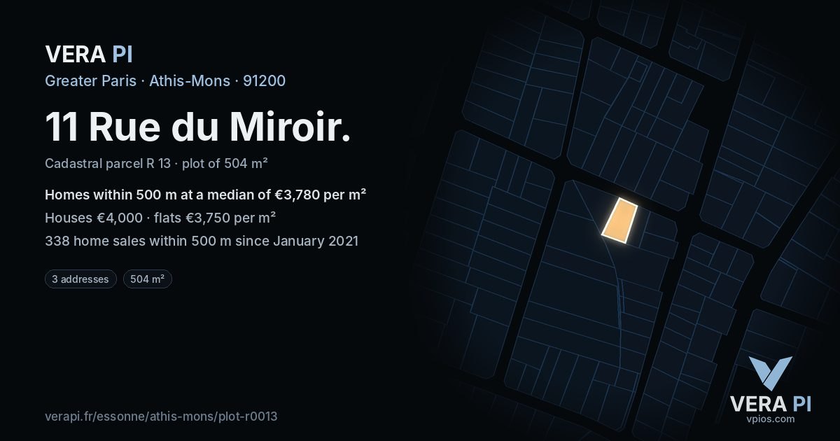 11 Rue du Miroir, Athis-Mons at night – the plot lit, the parcels around coloured by the prices near them