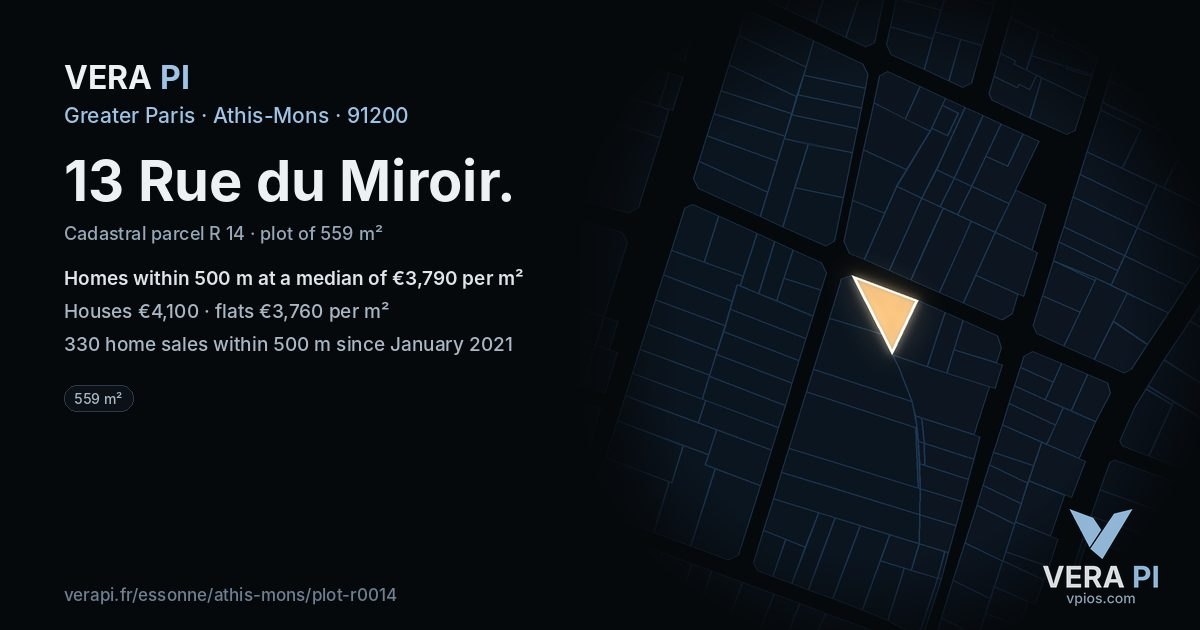 13 Rue du Miroir, Athis-Mons at night – the plot lit, the parcels around coloured by the prices near them