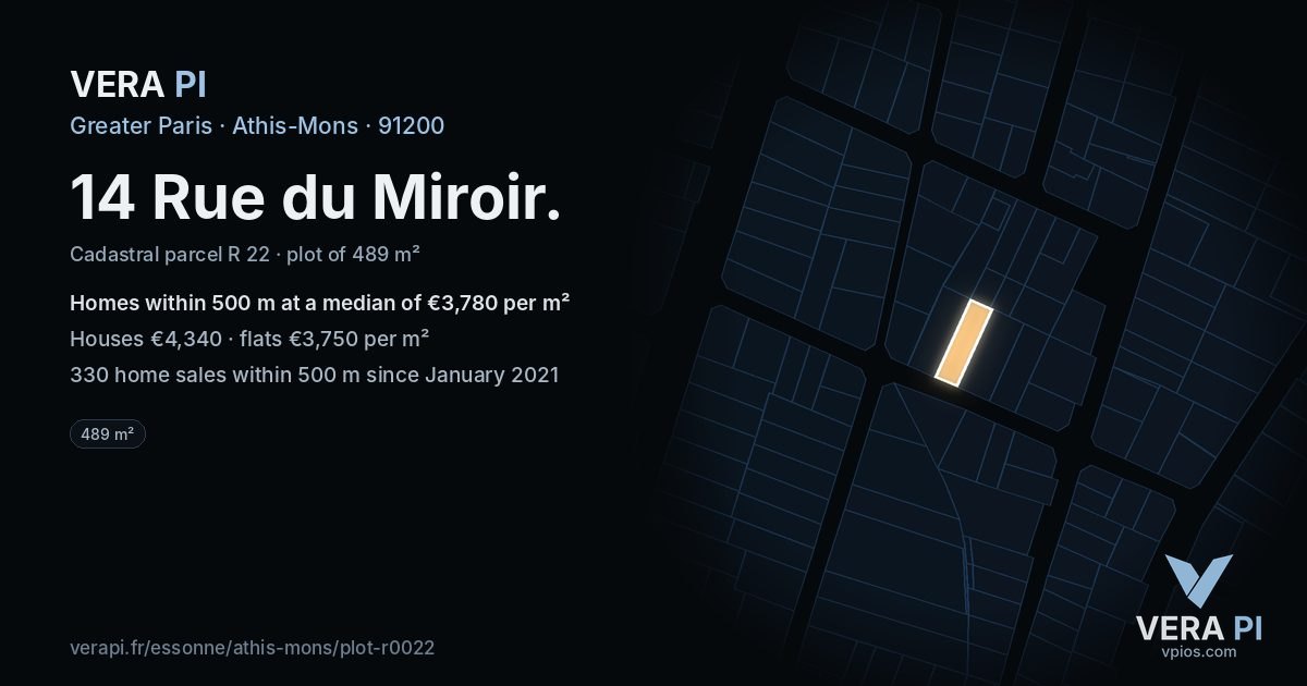14 Rue du Miroir, Athis-Mons at night – the plot lit, the parcels around coloured by the prices near them