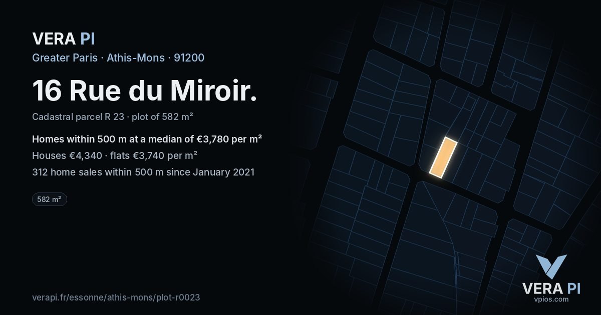 16 Rue du Miroir, Athis-Mons at night – the plot lit, the parcels around coloured by the prices near them