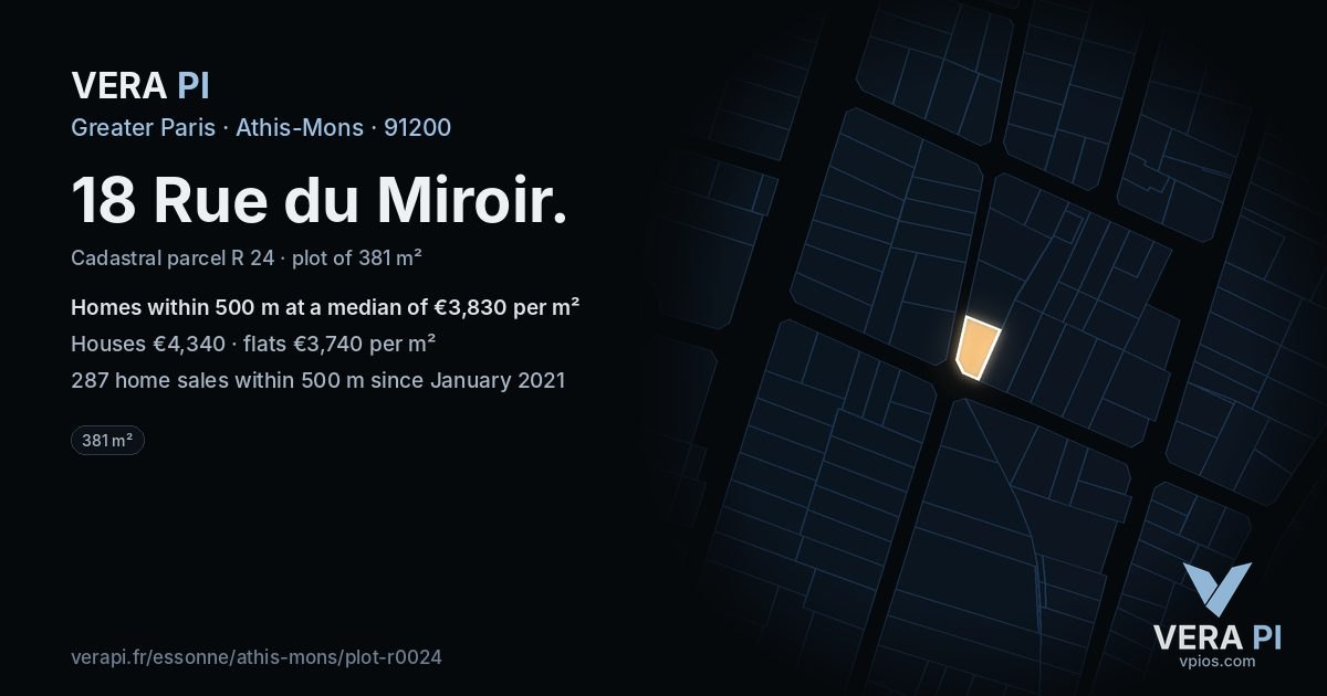18 Rue du Miroir, Athis-Mons at night – the plot lit, the parcels around coloured by the prices near them