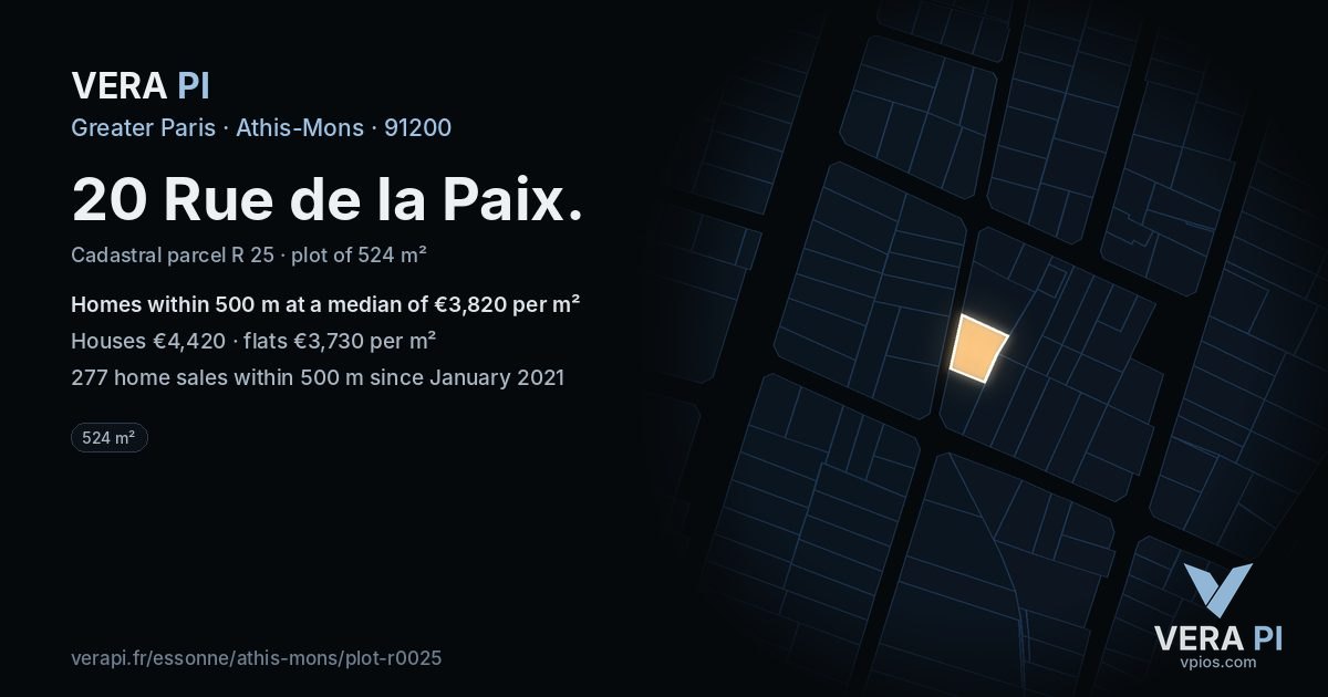 20 Rue de la Paix, Athis-Mons at night – the plot lit, the parcels around coloured by the prices near them