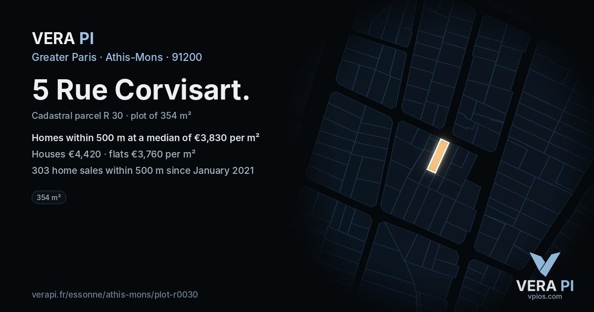 5 Rue Corvisart, Athis-Mons at night – the plot lit, the parcels around coloured by the prices near them