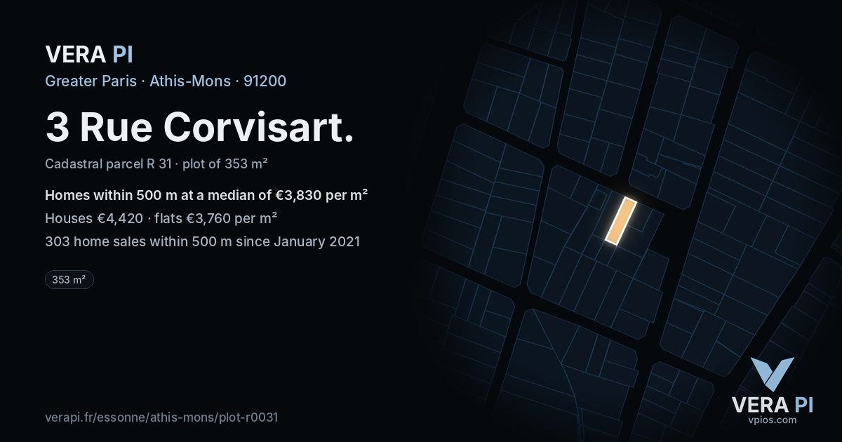 3 Rue Corvisart, Athis-Mons at night – the plot lit, the parcels around coloured by the prices near them