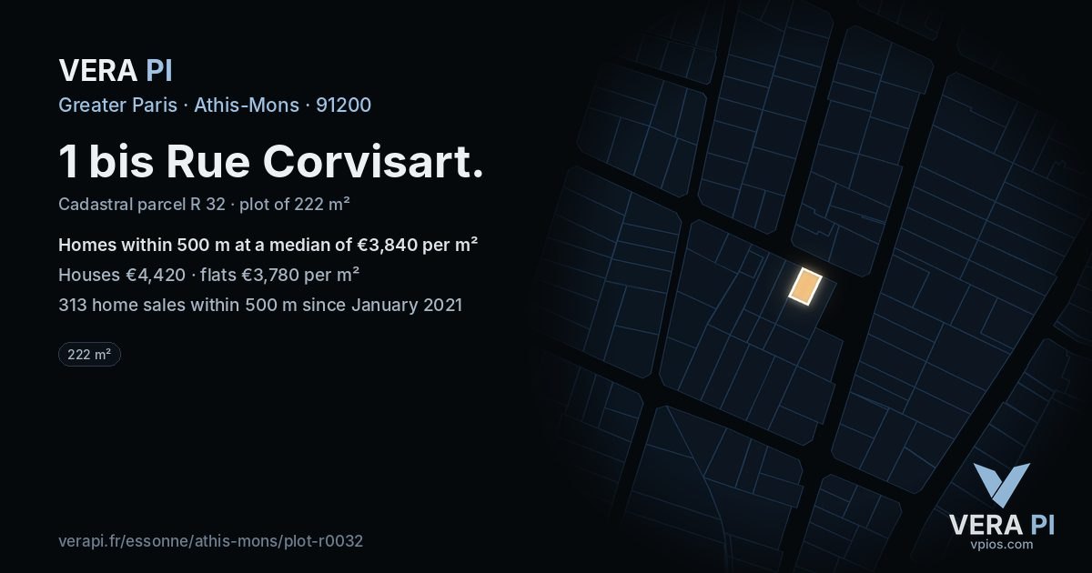 1 bis Rue Corvisart, Athis-Mons at night – the plot lit, the parcels around coloured by the prices near them