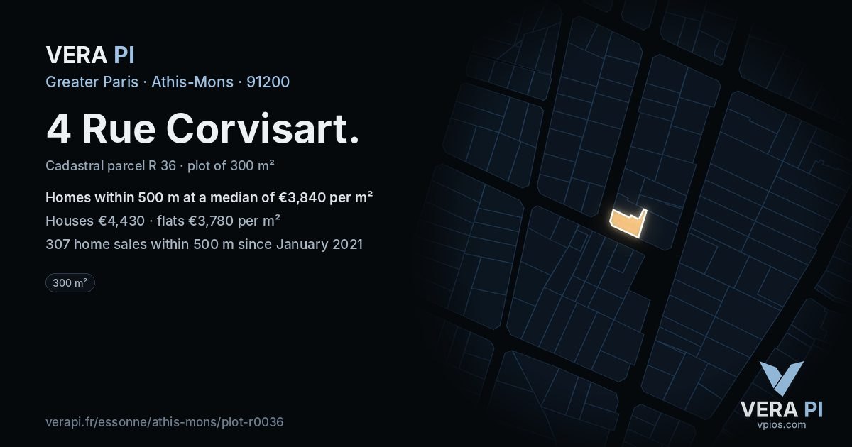4 Rue Corvisart, Athis-Mons at night – the plot lit, the parcels around coloured by the prices near them