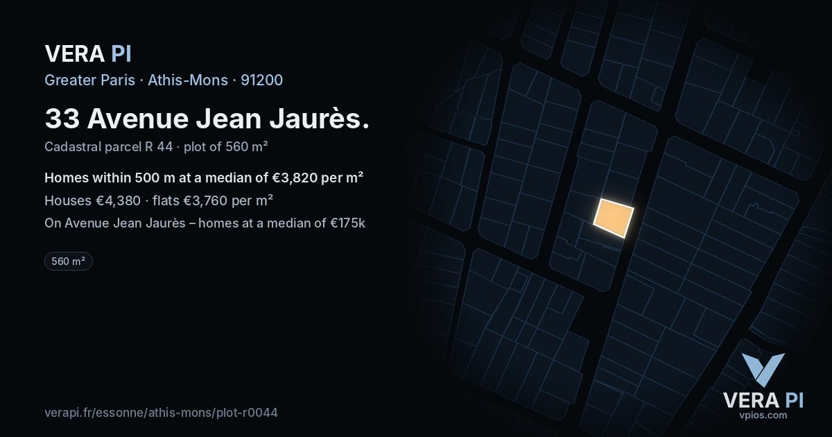33 Avenue Jean Jaurès, Athis-Mons at night – the plot lit, the parcels around coloured by the prices near them