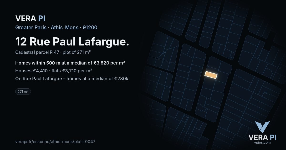 12 Rue Paul Lafargue, Athis-Mons at night – the plot lit, the parcels around coloured by the prices near them