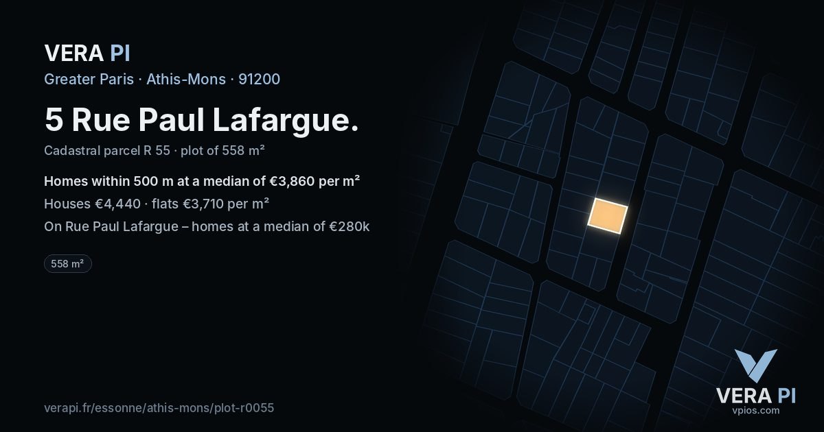 5 Rue Paul Lafargue, Athis-Mons at night – the plot lit, the parcels around coloured by the prices near them