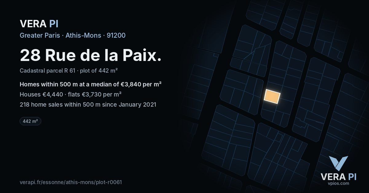 28 Rue de la Paix, Athis-Mons at night – the plot lit, the parcels around coloured by the prices near them