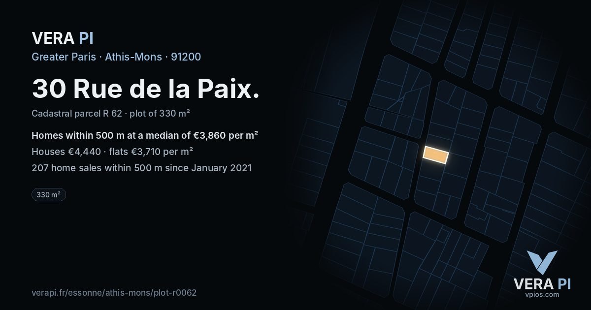 30 Rue de la Paix, Athis-Mons at night – the plot lit, the parcels around coloured by the prices near them