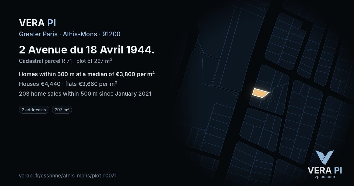 2 Avenue du 18 Avril 1944, Athis-Mons at night – the plot lit, the parcels around coloured by the prices near them