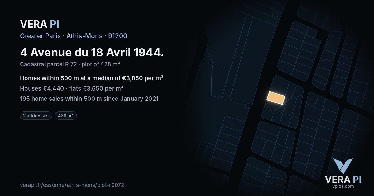 4 Avenue du 18 Avril 1944, Athis-Mons at night – the plot lit, the parcels around coloured by the prices near them