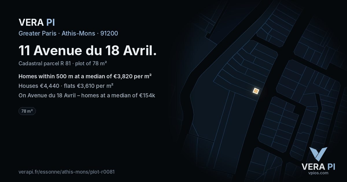 11 Avenue du 18 Avril, Athis-Mons at night – the plot lit, the parcels around coloured by the prices near them