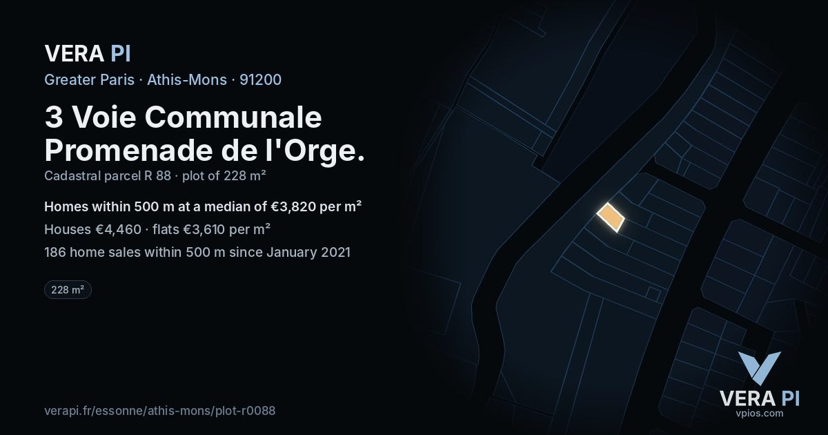3 Voie Communale Promenade de l'Orge, Athis-Mons at night – the plot lit, the parcels around coloured by the prices near them