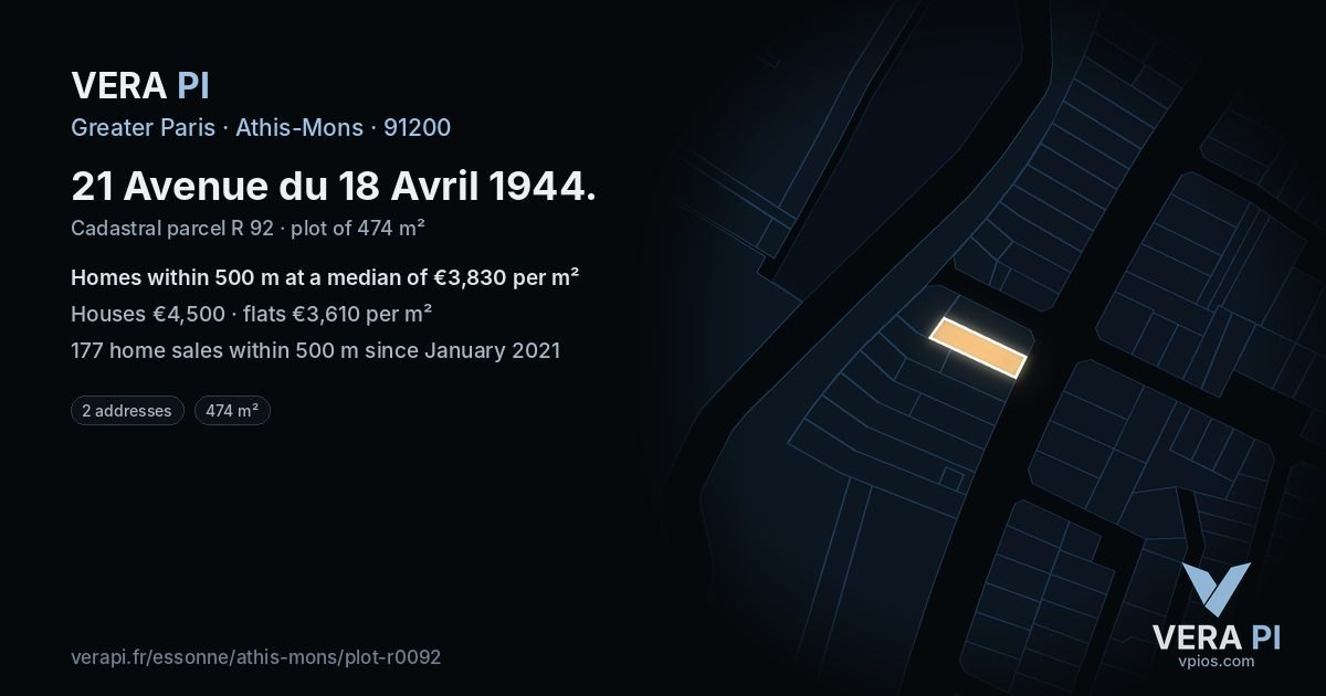 21 Avenue du 18 Avril 1944, Athis-Mons at night – the plot lit, the parcels around coloured by the prices near them