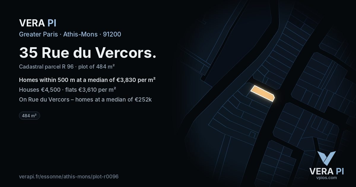 35 Rue du Vercors, Athis-Mons at night – the plot lit, the parcels around coloured by the prices near them