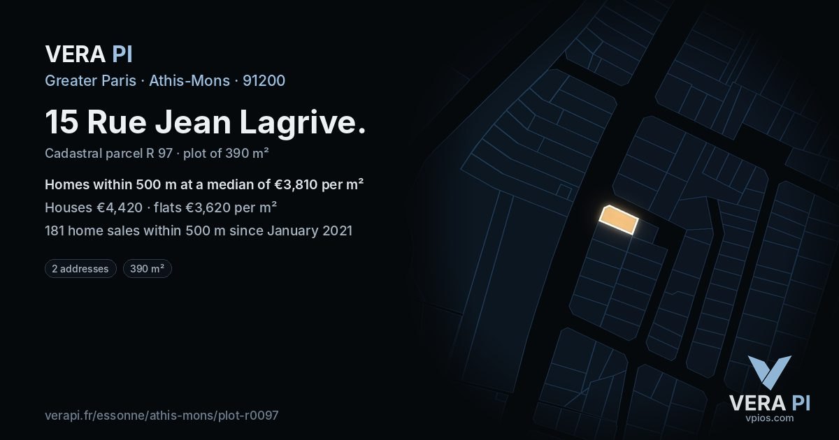 15 Rue Jean Lagrive, Athis-Mons at night – the plot lit, the parcels around coloured by the prices near them