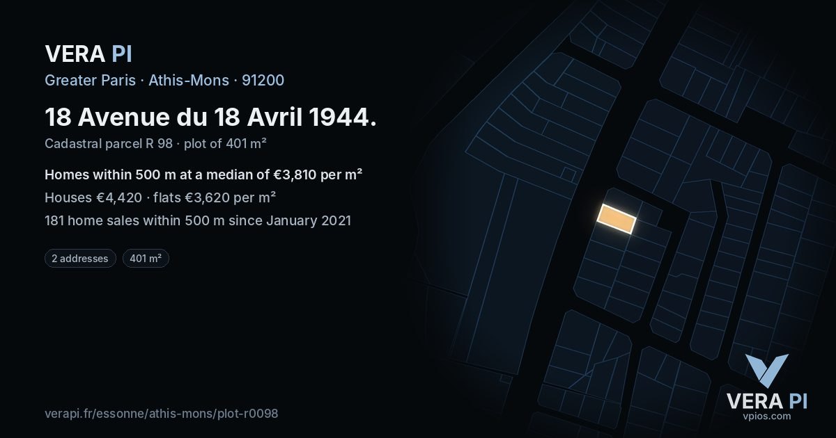 18 Avenue du 18 Avril 1944, Athis-Mons at night – the plot lit, the parcels around coloured by the prices near them