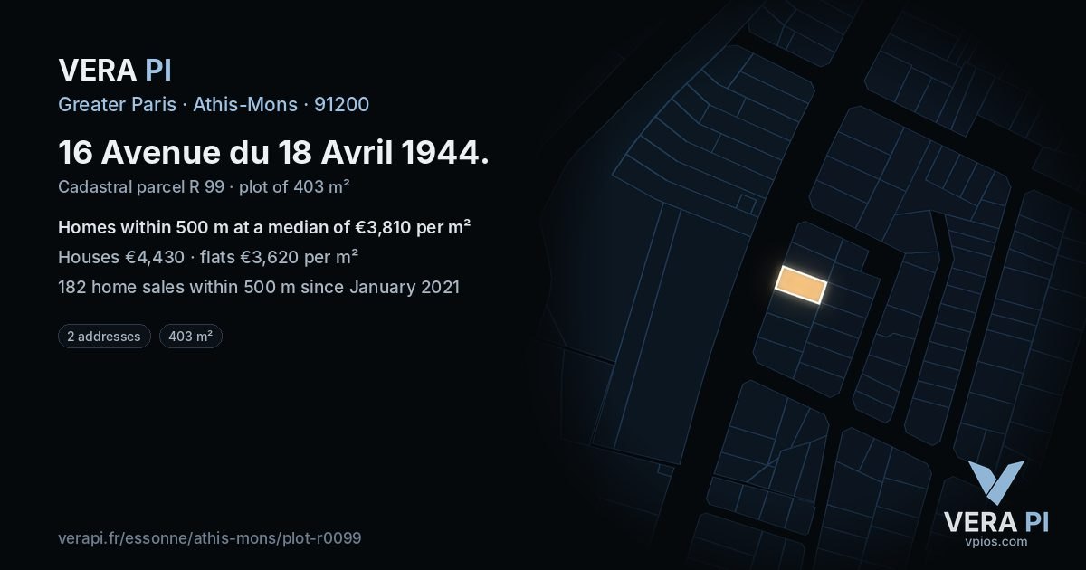 16 Avenue du 18 Avril 1944, Athis-Mons at night – the plot lit, the parcels around coloured by the prices near them