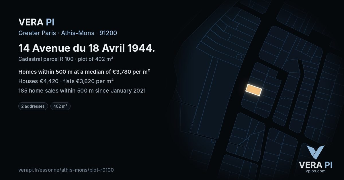 14 Avenue du 18 Avril 1944, Athis-Mons at night – the plot lit, the parcels around coloured by the prices near them