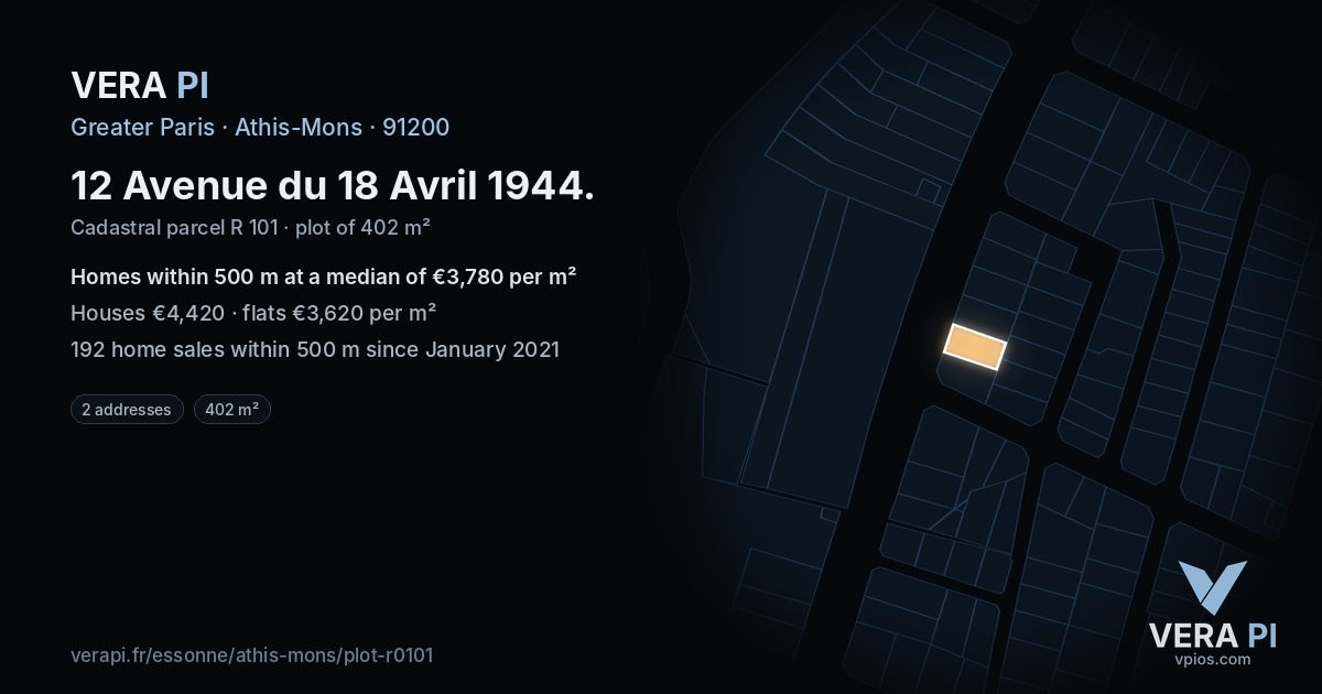 12 Avenue du 18 Avril 1944, Athis-Mons at night – the plot lit, the parcels around coloured by the prices near them