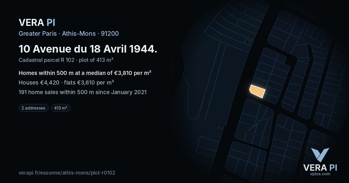 10 Avenue du 18 Avril 1944, Athis-Mons at night – the plot lit, the parcels around coloured by the prices near them