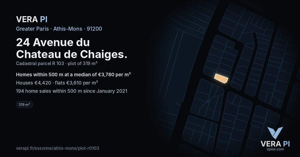 24 Avenue du Chateau de Chaiges, Athis-Mons at night – the plot lit, the parcels around coloured by the prices near them
