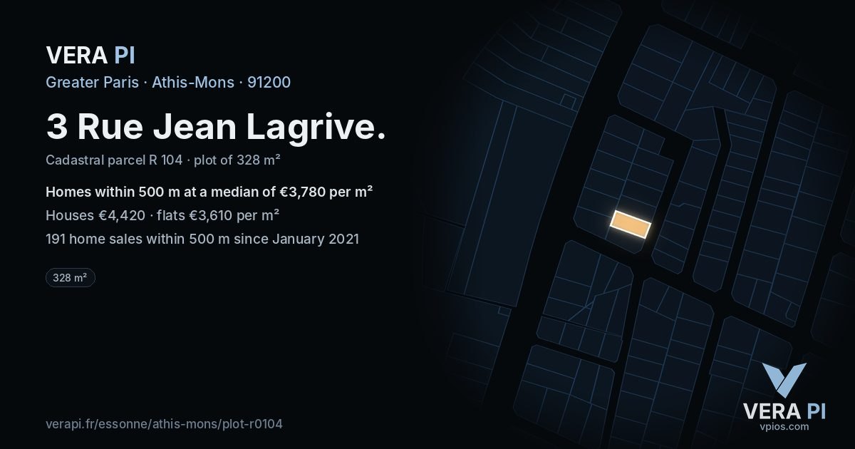 3 Rue Jean Lagrive, Athis-Mons at night – the plot lit, the parcels around coloured by the prices near them