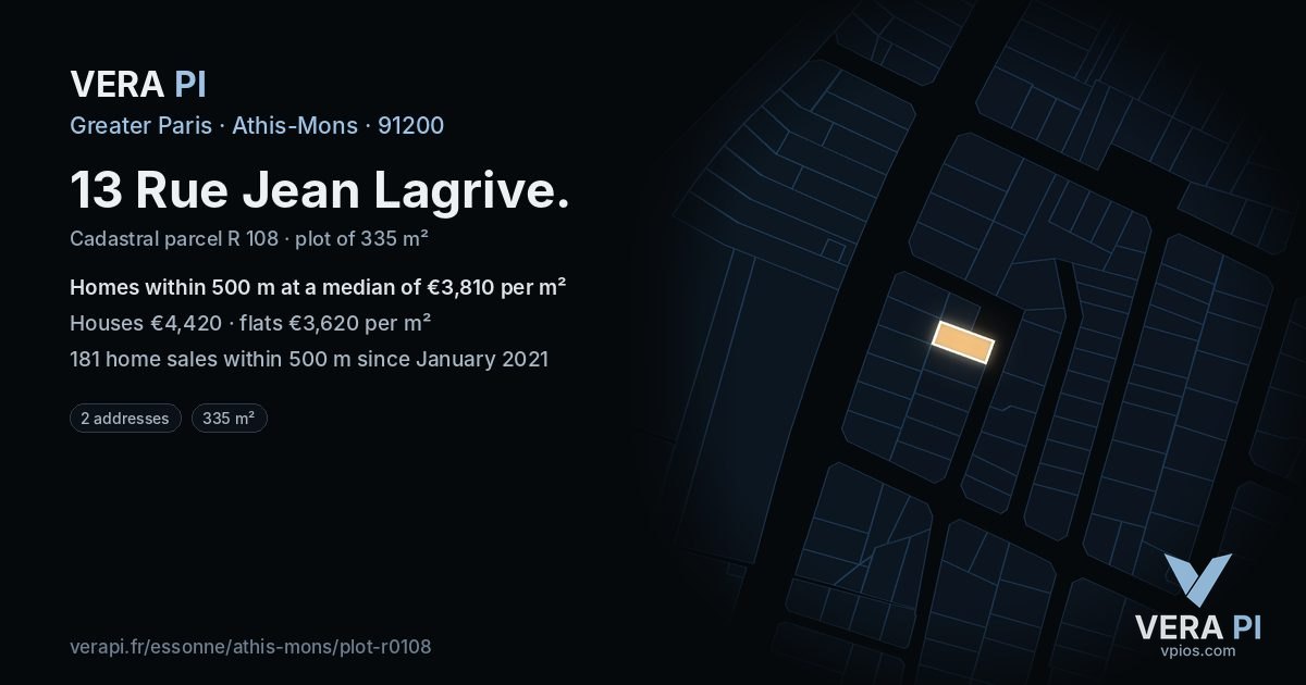 13 Rue Jean Lagrive, Athis-Mons at night – the plot lit, the parcels around coloured by the prices near them