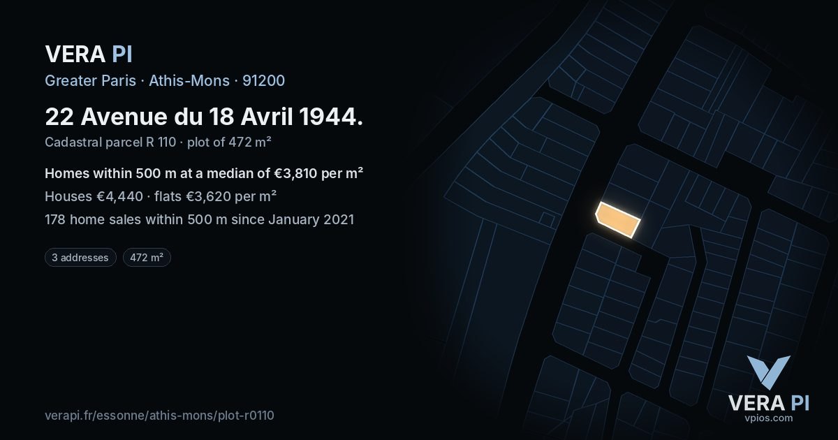 22 Avenue du 18 Avril 1944, Athis-Mons at night – the plot lit, the parcels around coloured by the prices near them