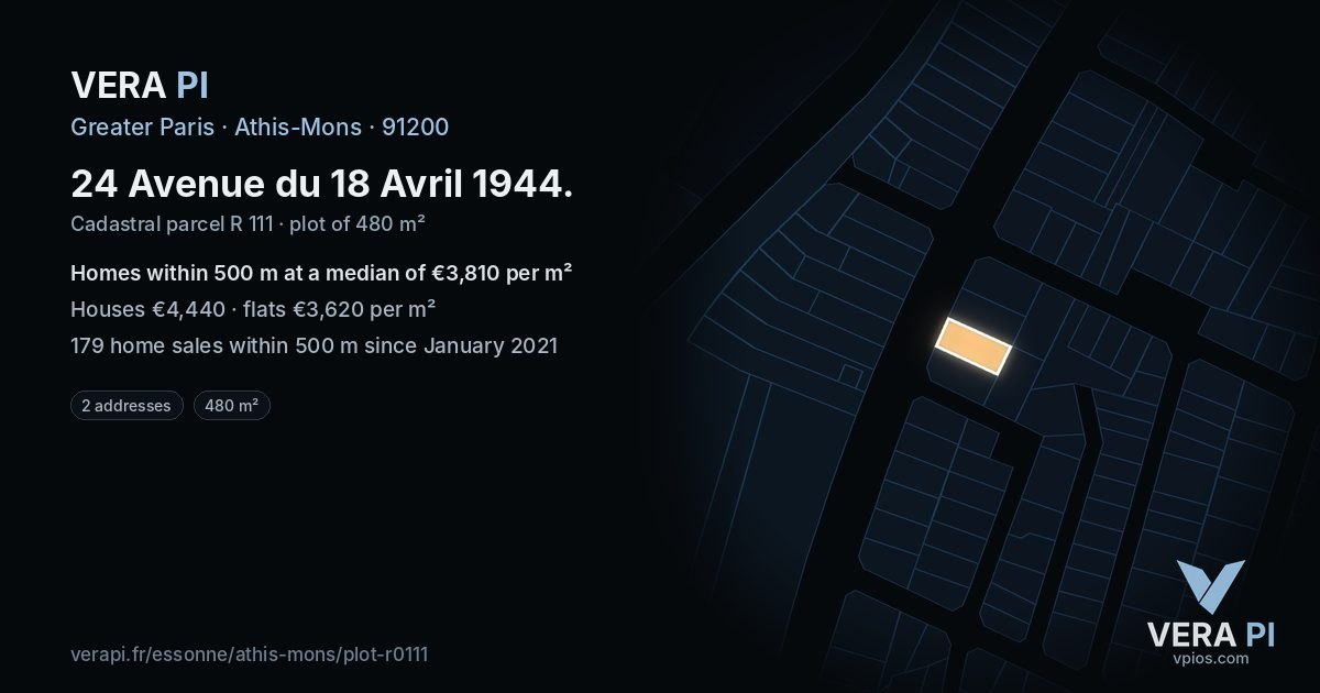 24 Avenue du 18 Avril 1944, Athis-Mons at night – the plot lit, the parcels around coloured by the prices near them