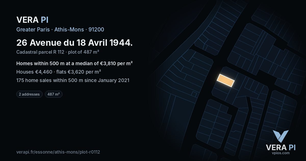 26 Avenue du 18 Avril 1944, Athis-Mons at night – the plot lit, the parcels around coloured by the prices near them