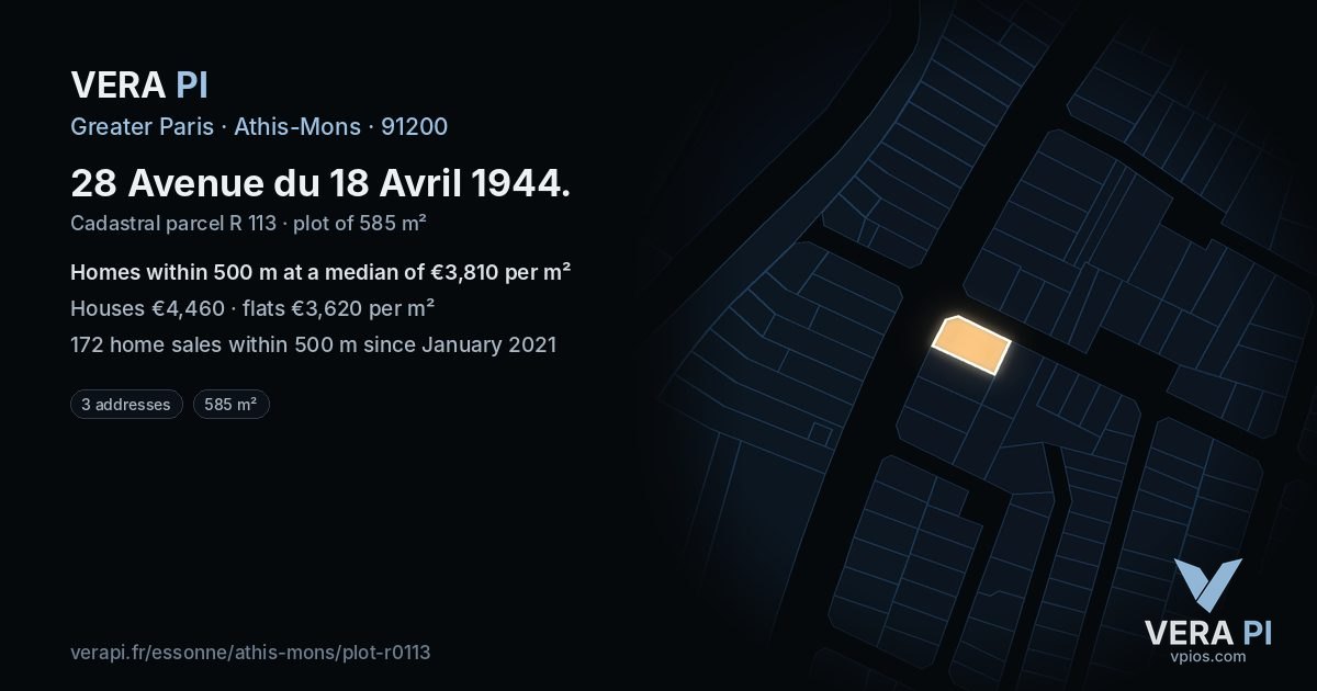 28 Avenue du 18 Avril 1944, Athis-Mons at night – the plot lit, the parcels around coloured by the prices near them