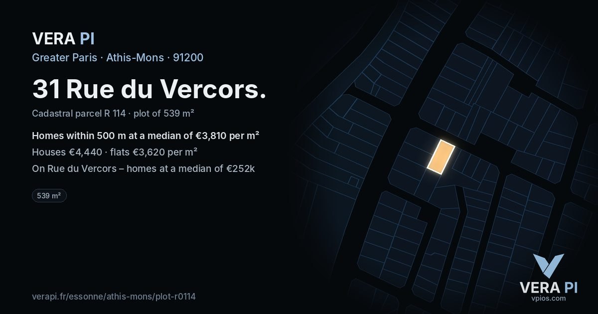 31 Rue du Vercors, Athis-Mons at night – the plot lit, the parcels around coloured by the prices near them