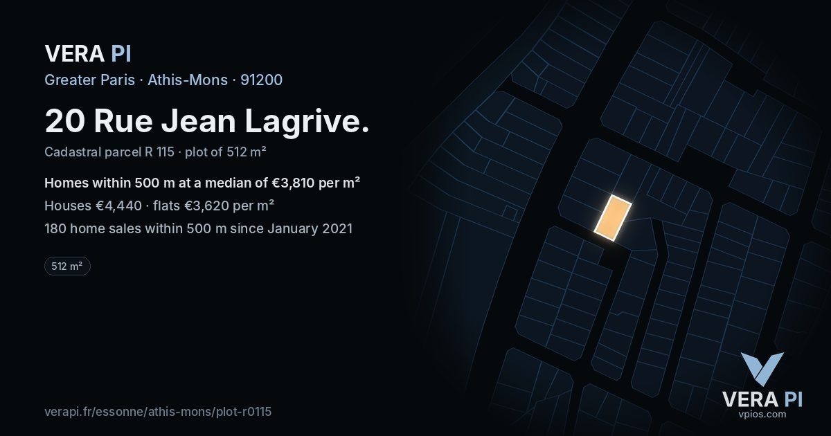 20 Rue Jean Lagrive, Athis-Mons at night – the plot lit, the parcels around coloured by the prices near them